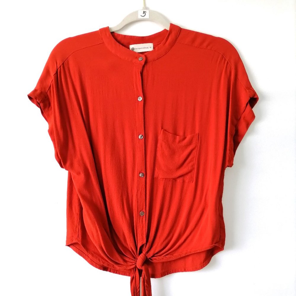 The Impeccable Pig Womens Red Batwing Sleeve Waist Tie Button Down Top Size M